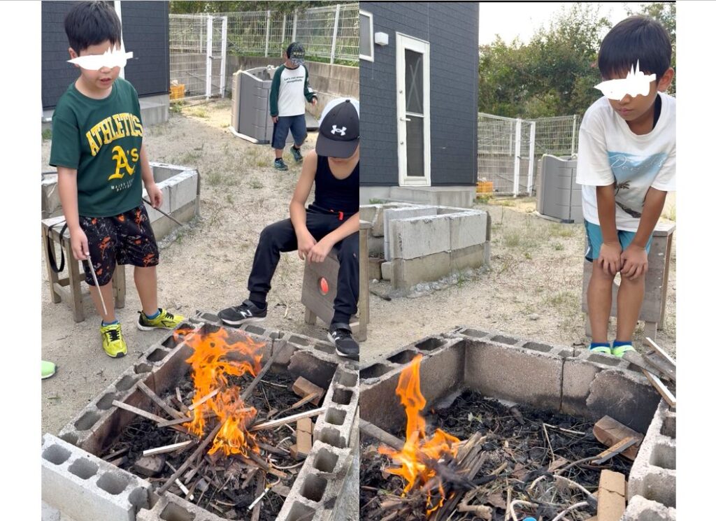 焚火をする子ども